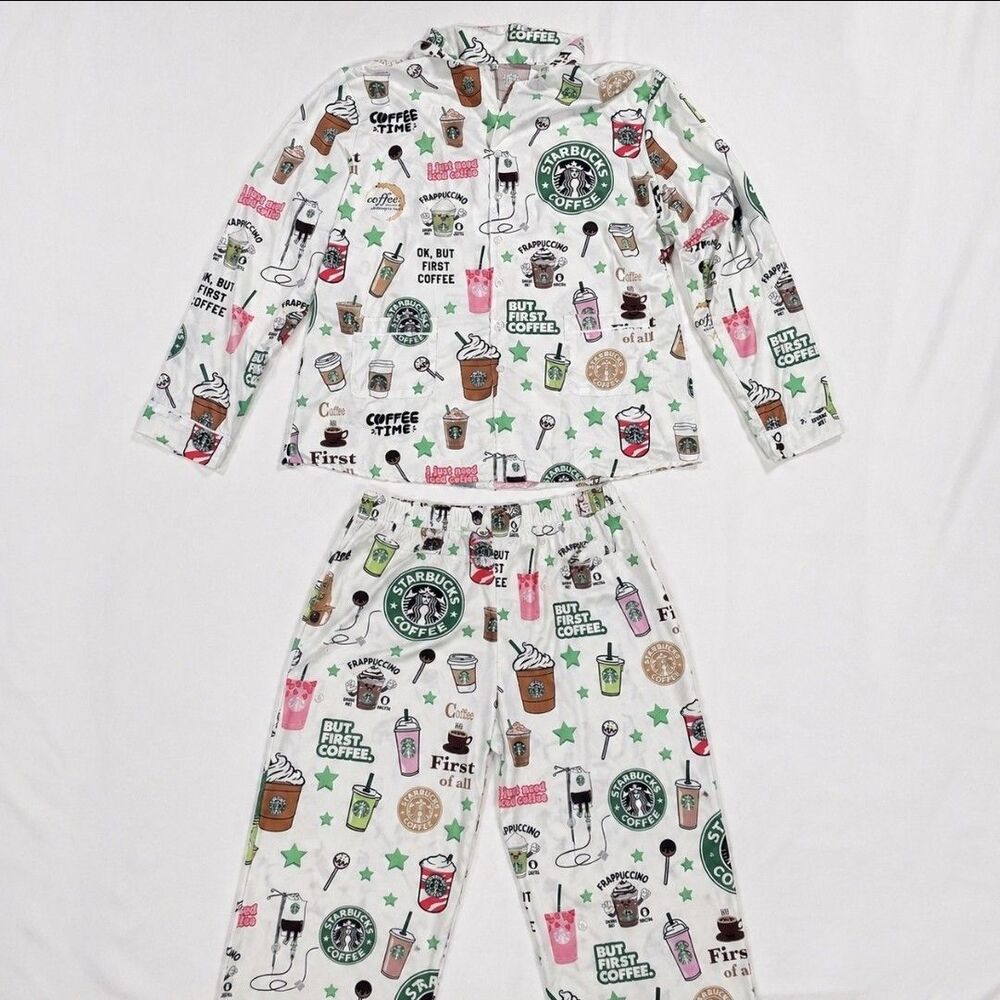 Starbucks Pajama Set Womens 3XL White But First Coffee Print Graphic Satin...
